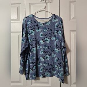 Blue & Teal Flowers Classic Tee Shirt, Long Sleeve, Size 3X, Excellent Condition